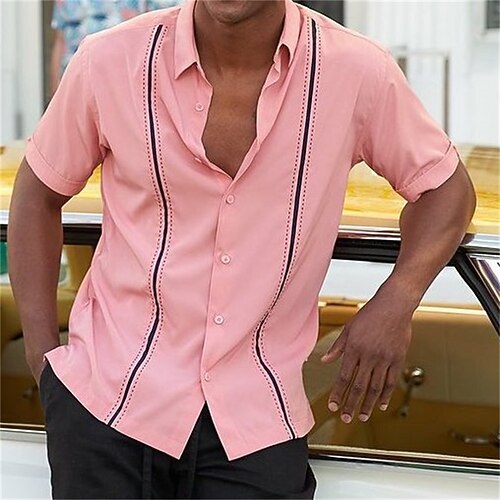 

Men's Shirt Linear Turndown Street Daily Button-Down Short Sleeve Tops Casual Fashion Comfortable Beach Pink