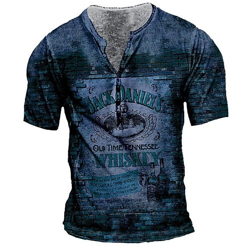 

Men's Henley Shirt T shirt Tee 3D Print Graphic Patterned Letter Henley Street Daily Button-Down Print Short Sleeve Tops Basic Casual Fashion Comfortable Navy Blue