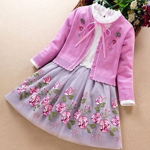 

Kids Girls' DressSet Clothing Set 2 Pieces Long Sleeve Blue Pink Red Floral Print Vacation Active Daily 3-8 Years
