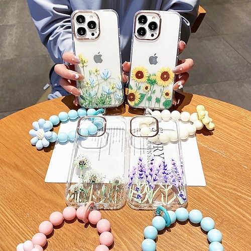 

Phone Case For Apple Back Cover iPhone 14 Pro Max 13 Pro Max 12 Mini 11 Bumper Frame with Wrist Strap Soft Edges Transparent Flower TPU PC