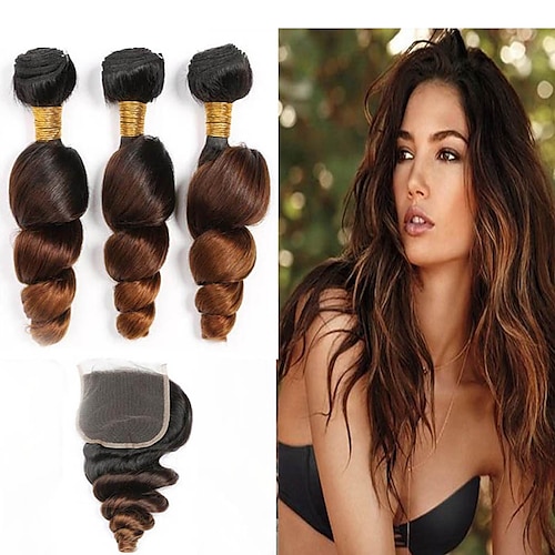 

4 Bundles Hair Weaves Brazilian Hair Loose Wave Human Hair Extensions Remy Human Hair Extension Weave Hair Weft with Closure 8 inch Multi-color 100% Virgin Lace Closure Color GradientHigh Quality