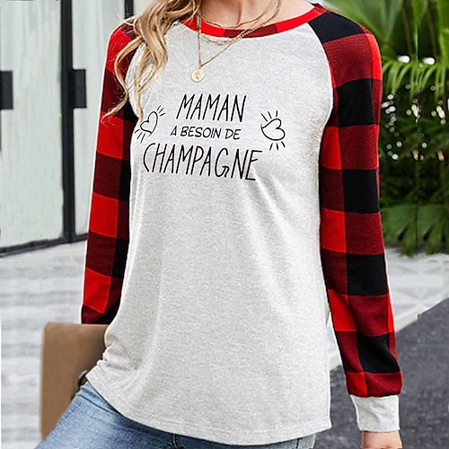 

Women's T shirt Tee Gray White Black Plaid Text Print Long Sleeve Casual Weekend Basic Round Neck Regular Painting S