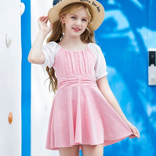 

Kids Girls' Swimwear One Piece Swimsuit Print Swimwear Polka Dot Color Block Short Sleeves Blue Pink Outdoor Swimming Active Bathing Suits 4-13 Years