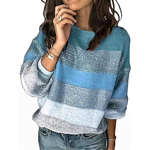 

Dame Pullover trøje Jumper Strikke Patchwork Strikket Stribet Rund hals Stilfuld Afslappet udendørs Daglig Vinter Efterår Grøn Blå S M L / Langærmet / Regulær / I-byen-tøj