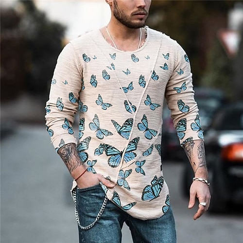 

Men's Unisex T shirt Tee 3D Print Butterfly Graphic Prints Crew Neck Daily Holiday Print Long Sleeve Tops Designer Lightweight Casual Classic Beige