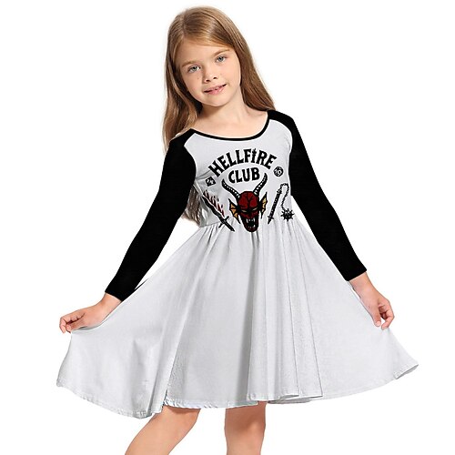 

Kids Little Girls' Dress Stranger Things Hellfire Club A Line Dress Daily Holiday Vacation Print White Above Knee Long Sleeve Casual Cute Sweet Dresses Fall Spring Regular Fit 3-10 Years