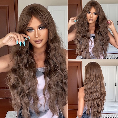 

HAIRCUBE Ombre Auburn Long Wavy Wigs With Bangs Natural for Women Heast Resistent