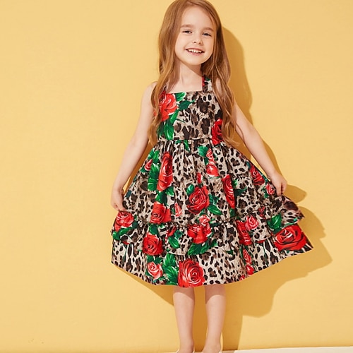 

Kids Little Girls' Dress Floral Leopard A Line Dress Daily Ruched Print Red Above Knee Sleeveless Princess Sweet Dresses Summer Regular Fit 1pcs 2-6 Years
