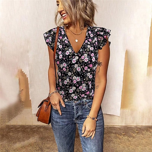 

Women's Blouse Shirt Blue Purple Gray Flower Print Sleeveless Casual Daily Casual V Neck Regular Loose Fit Floral S