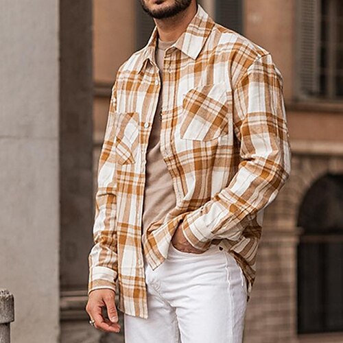 

Men's Shirt Plaid Turndown Street Daily Button-Down Long Sleeve Tops Casual Fashion Comfortable Beach Brown