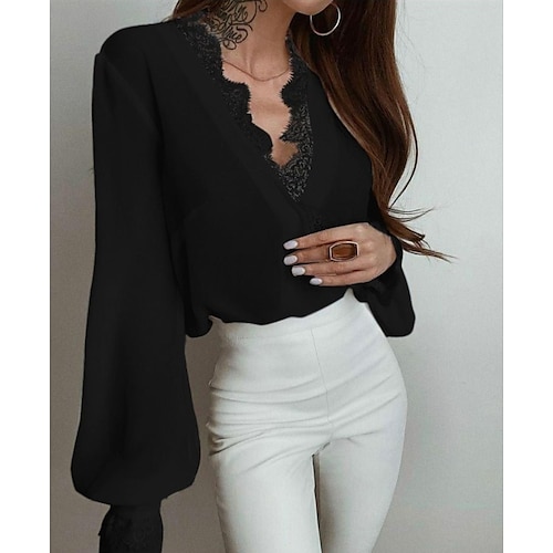 

Women's Blouse Plain Daily Weekend Blouse Shirt Long Sleeve Lace Trims V Neck Casual Streetwear Green White Black S