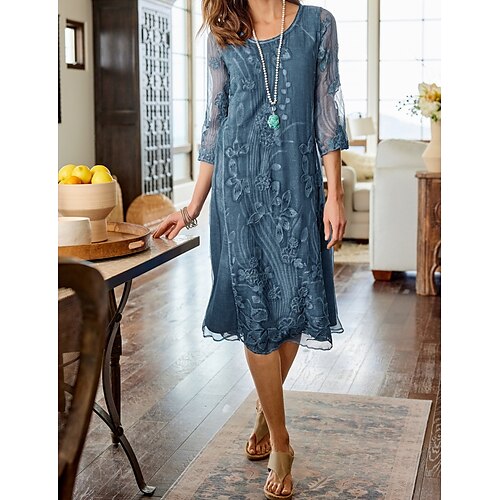 

Women's Lace Dress Party Dress Knee Length Dress Dusty Blue 3/4 Length Sleeve Floral Embroidered Layered Fall Winter Crew Neck Casual Modern 2022 5XL