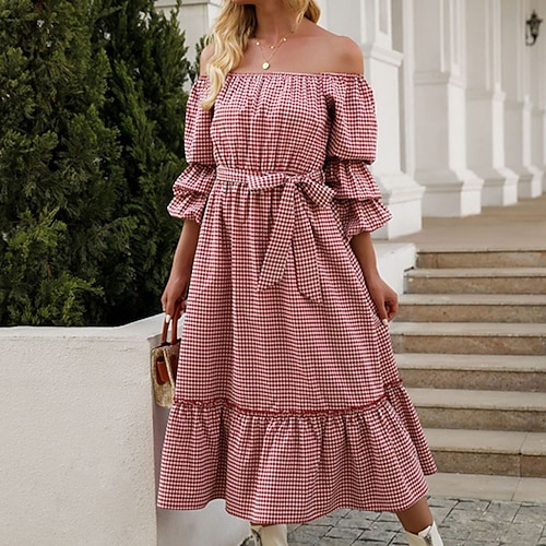 

Women's A Line Dress Midi Dress Red Long Sleeve Plaid Lace up Ruffle Print Fall Spring Off Shoulder Stylish Elegant Modern 2022 M L XL 2XL 3XL