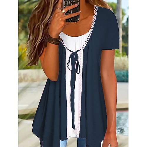 

Women's Shrugs Plain Holiday Beach Shrugs Shirt Short Sleeve Lace up Lace Trims V Neck Casual Beach Blue Gray Pink S