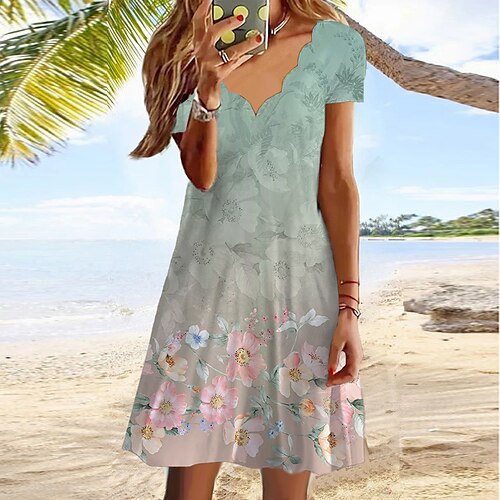 

Women's Shift Dress Knee Length Dress Green Short Sleeve Floral Print Spring Summer V Neck Casual Vacation 2022 S M L XL XXL 3XL