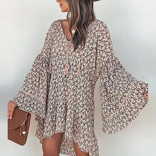 

Femme Robe casual manche longue Hiver Automne Franges Imprimer Floral Col V robe hiver Fin de semaine robe automne Ample 2022 Kaki S M L XL