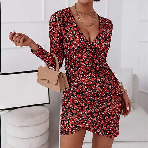 

Women's Bodycon Short Mini Dress White Blue Pink Red Long Sleeve Floral Ruched Print Fall Winter V Neck Elegant Romantic Modern 2022 S M L XL XXL