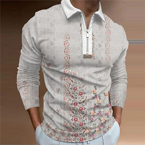 

Men's Collar Polo Shirt Golf Shirt Floral Turndown Gray 3D Print Outdoor Street Long Sleeve Zipper Print Clothing Apparel Fashion Designer Casual Breathable