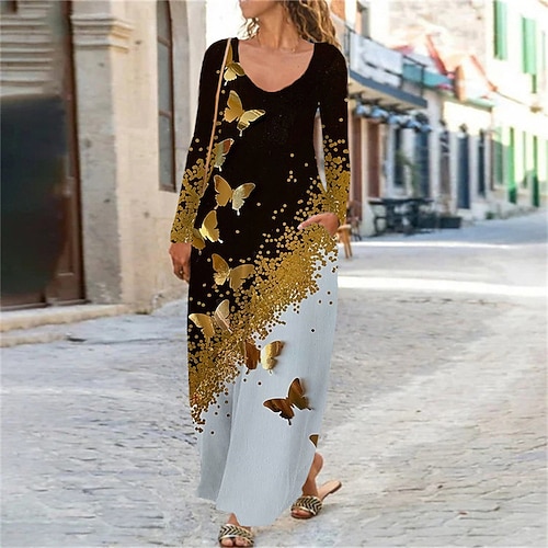 

Women's Shift Dress Maxi long Dress Black Blue Yellow Long Sleeve Print Butterfly Animal Pocket Print Fall Spring V Neck Casual 2022 XS S M L XL XXL 3XL 4XL 5XL 6XL