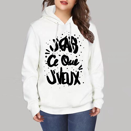 

Women's Plus Size Tops Hoodie Sweatshirt Letter Print Long Sleeve Hooded Streetwear Daily Vacation Polyester Fall Winter White