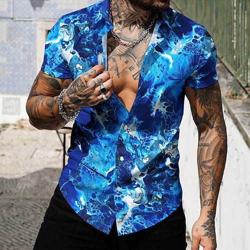 

Homens Camisa Social Camisa Gráfica Gráfico Água corrente Aberto para a Lateral Azul Impressão 3D Rua Diário Manga Curta 3D Botão para baixo Roupa Moda Designer Casual Respirável / Praia