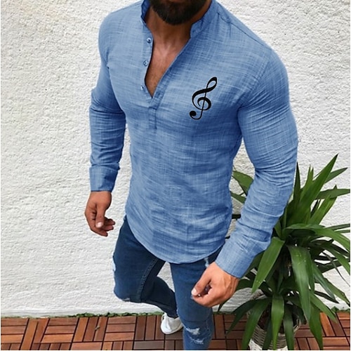 

Men's Shirt Solid Color Notes Round Neck Casual Daily Button-Down Print Long Sleeve Tops Casual Fashion Beach White Black Gray