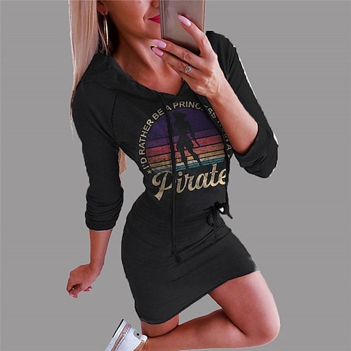 

Women's Bodycon Short Mini Dress Black Long Sleeve Fall Print Letter Print Fall Spring Hooded Fashion 2022 S M L XL XXL 3XL