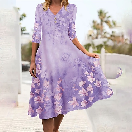 

Mulheres Vestido casual Vestido Swing Vestido midi Preto Azul Roxo Manga Longa Floral Botão Outono Primavera Decote V Roupa de inverno Final de semana Vestido de outono Ajuste Largo S M L XL XXL