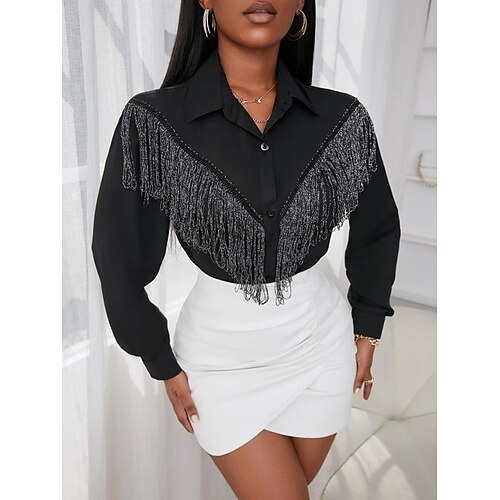 

Women's Blouse Plain Daily Weekend Blouse Shirt Long Sleeve Tassel Button Shirt Collar Casual Streetwear Black Wine S