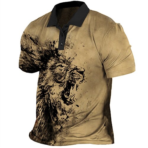 

Men's Collar Polo Shirt Golf Shirt Lion Turndown Brown 3D Print Street Daily Short Sleeve 3D Button-Down Clothing Apparel Fashion Casual Comfortable / Beach