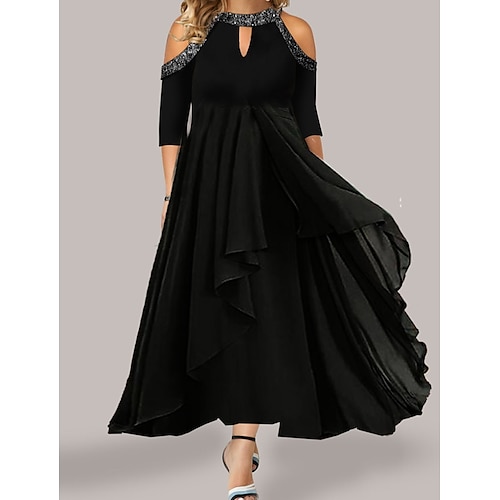 

Women's Plus Size Party Dress Solid Color Crew Neck Sequins 3/4 Length Sleeve Winter Fall Elegant Sequins Prom Dress Maxi long Dress Formal Party Dress