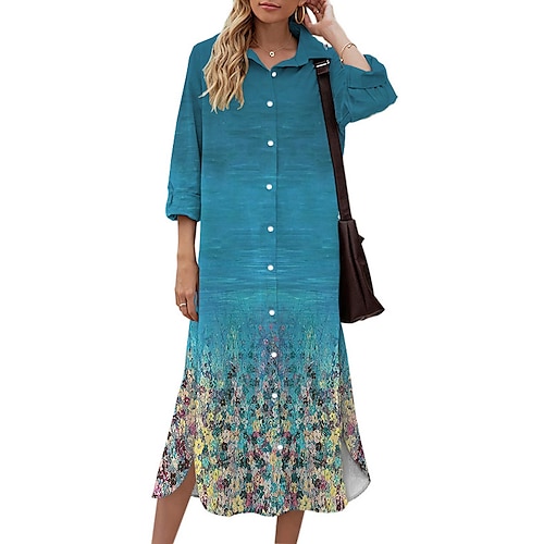 

Women's Shift Dress Midi Dress Green Blue Purple Pink Light Blue 3/4 Length Sleeve Floral Button Print Fall Spring Shirt Collar Casual Fashion 2022 S M L XL XXL 3XL