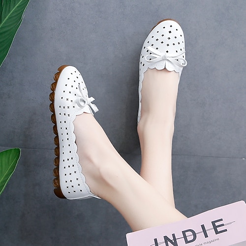 

Women's Flats Daily Summer Bowknot Flat Heel Round Toe Casual Walking Shoes Synthetics Loafer Solid Colored Almond White