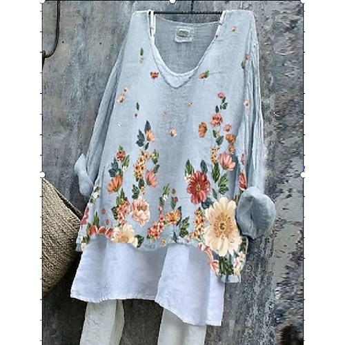 

Women's Shirt Blouse Blue Flower Print Long Sleeve Daily Weekend Streetwear Casual Round Neck Regular Cotton Linen S