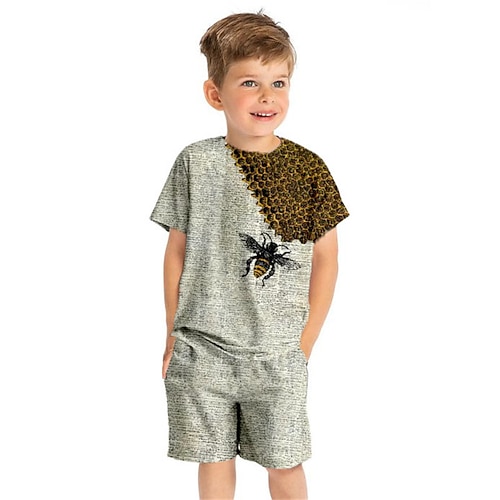 

2 Pieces Kids Boys T-shirt & Shorts Clothing Set Outfit Animal Short Sleeve Crewneck Set Outdoor Sports Fashion Cool Spring Summer 3-13 Years Khaki