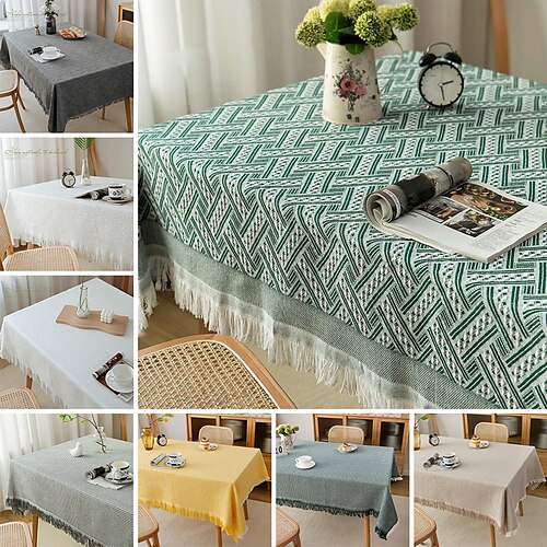 

Tablecloth Art Nordic Bamboo Knotted Linen with Tassel Tablecloth Tea Coffee Table for Dining Table Home Room Decoration