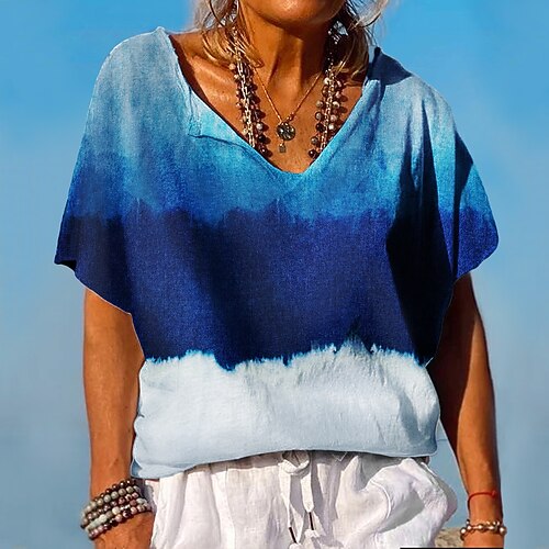 

Women's Tie Dye Casual Weekend Abstract Painting T shirt Tee Short Sleeve Print V Neck Basic Essential Tops Blue S / 3D Print