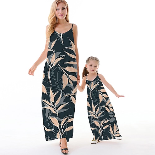 

Mommy and Me Dresses Leaf Causal Backless Blue Sleeveless Maxi Strap Dress Active Matching Outfits