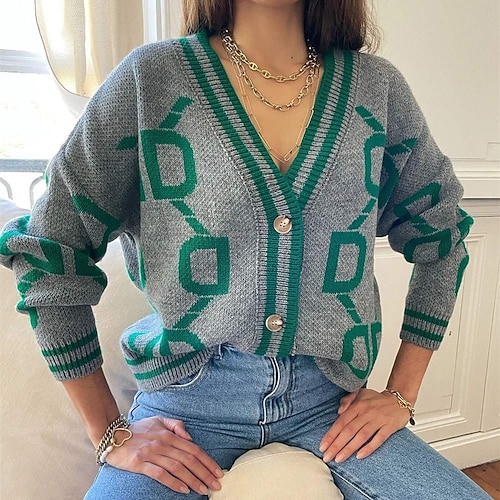 

Women's Cardigan Sweater Jumper Crochet Knit Hollow Out Print V Neck Casual Daily Fall Winter Gray Pink One-Size / Long Sleeve