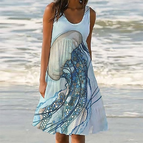 

Women's Shift Dress Knee Length Dress Blue Sleeveless Color Gradient Pocket Print Spring Summer U Neck Casual Vacation 2022 S M L XL XXL 3XL