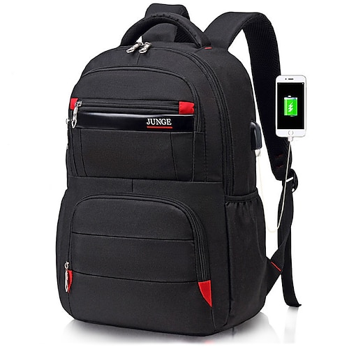 

Men's School Bag Bookbag Commuter Backpack Functional Backpack Oxford Cloth Solid Color Adjustable Waterproof Zipper School Daily Black