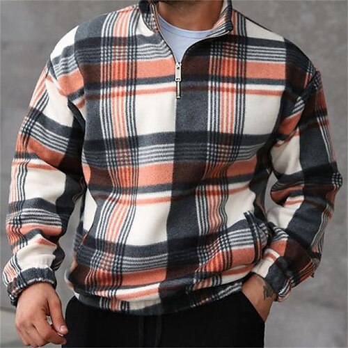

Men's Sweatshirt Pullover Plaid Graphic Patterned Zipper Daily Holiday Going out Other Prints Casual Streetwear Hoodies Sweatshirts Brown