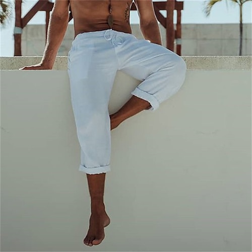 

Men's Linen Pants Trousers Beach Pants Drawstring Elastic Waist Straight Leg Solid Color Comfort Breathable Casual Daily Streetwear Linen / Cotton Blend Sports Fashion White Khaki Micro-elastic