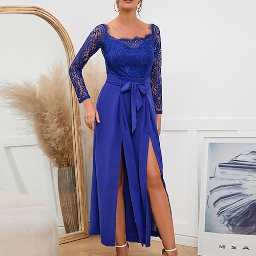 

Women's Jumpsuit Lace Bow Solid Color Off Shoulder Elegant Party Street Regular Fit Long Sleeve Green Black Blue S M L Fall