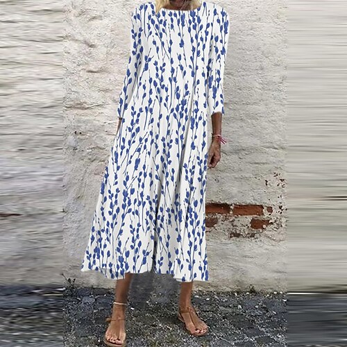 

Women's Shift Dress Midi Dress White Blue 3/4 Length Sleeve Floral Ruched Print Fall Spring Round Neck Casual Vacation 2022 S M L XL XXL 3XL