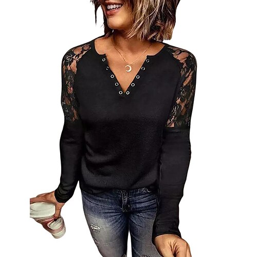 

Women's Blouse Plain Daily Weekend Blouse Shirt Long Sleeve Lace Patchwork V Neck Casual Streetwear Black S