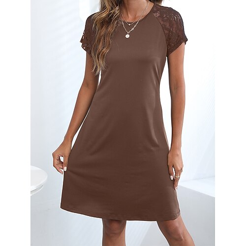 

Damen abendkleider Spitzenkleid A Linie Kleid Midikleid Schwarz Wein Armeegrün Kurzarm Stickerei Spitze Frühling Sommer Rundhalsausschnitt Elegant Gitter S M L XL XXL