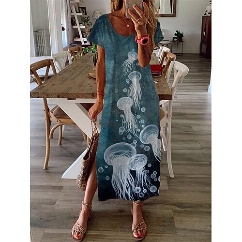 

Women's Shift Dress Maxi long Dress Green Short Sleeve Print Animal Split Print Spring Summer V Neck Casual Vacation 2022 S M L XL XXL 3XL