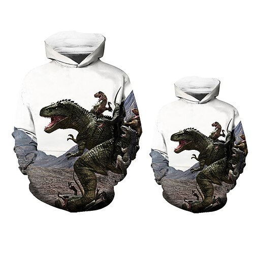 

Dad and Son Hoodie Dinosaur Animal Street Print White Long Sleeve Active Matching Outfits