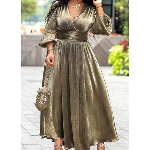 

Women's Plus Size Party Dress Solid Color V Neck Ruched 3/4 Length Sleeve Winter Fall Vintage Elegant Maxi long Dress Formal Party Dress